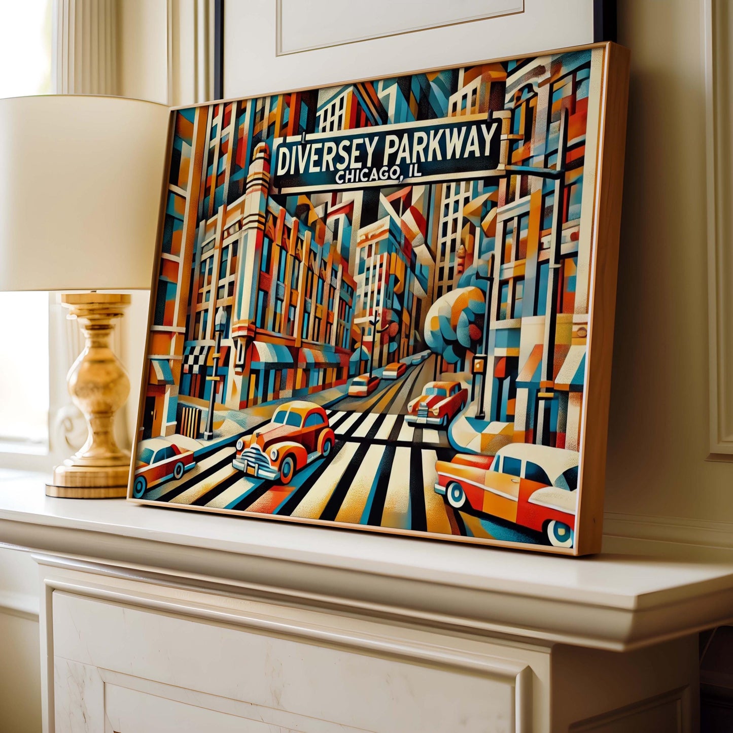 Chicago Travel Poster Cubism Wall Art Print - Diversey Parkway Illinois Gift & Housewarming Decor