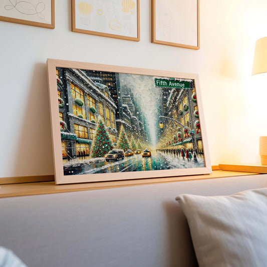Fifth Avenue Christmas Art Print – NYC Holiday Scene, Winter City Street Decor