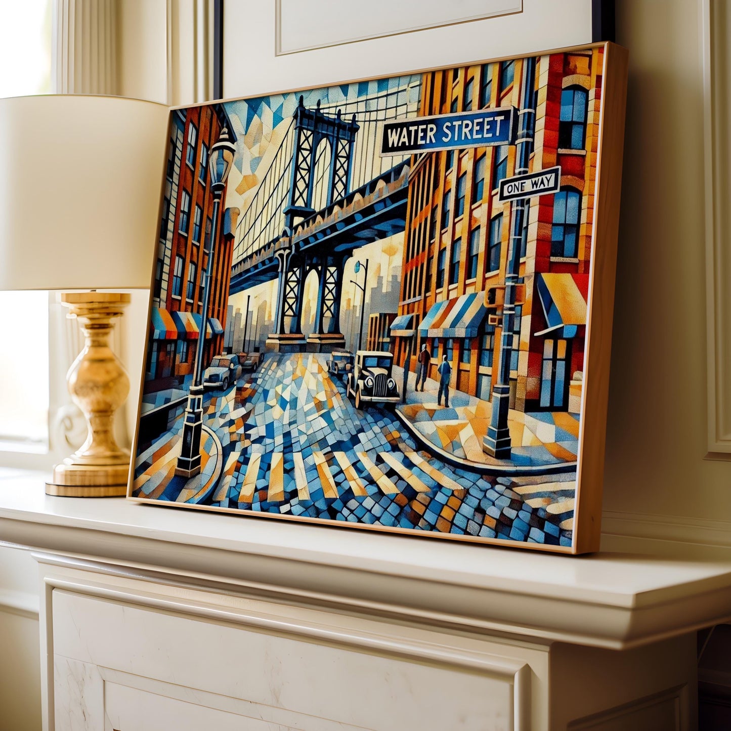 Water Street Cubism Print – New York City Travel Poster, Modern NYC Wall Art, Unique Gift for Housewarming & City Lovers