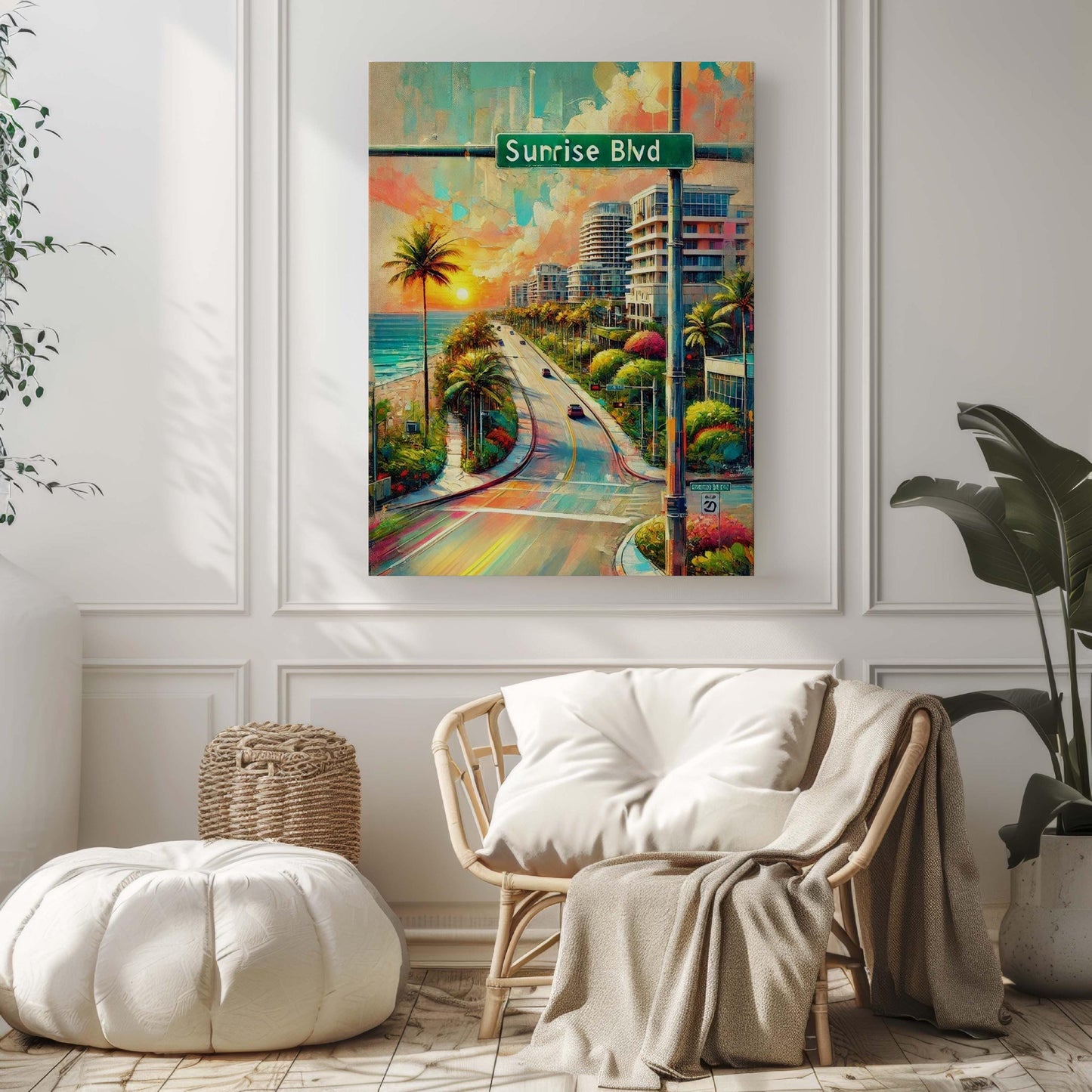 Sunrise Boulevard Wall Art Print - Fort Laudy Florida Travel Poster, Coastal Home Decor, Housewarming Gift, Beach Sunset Illustration