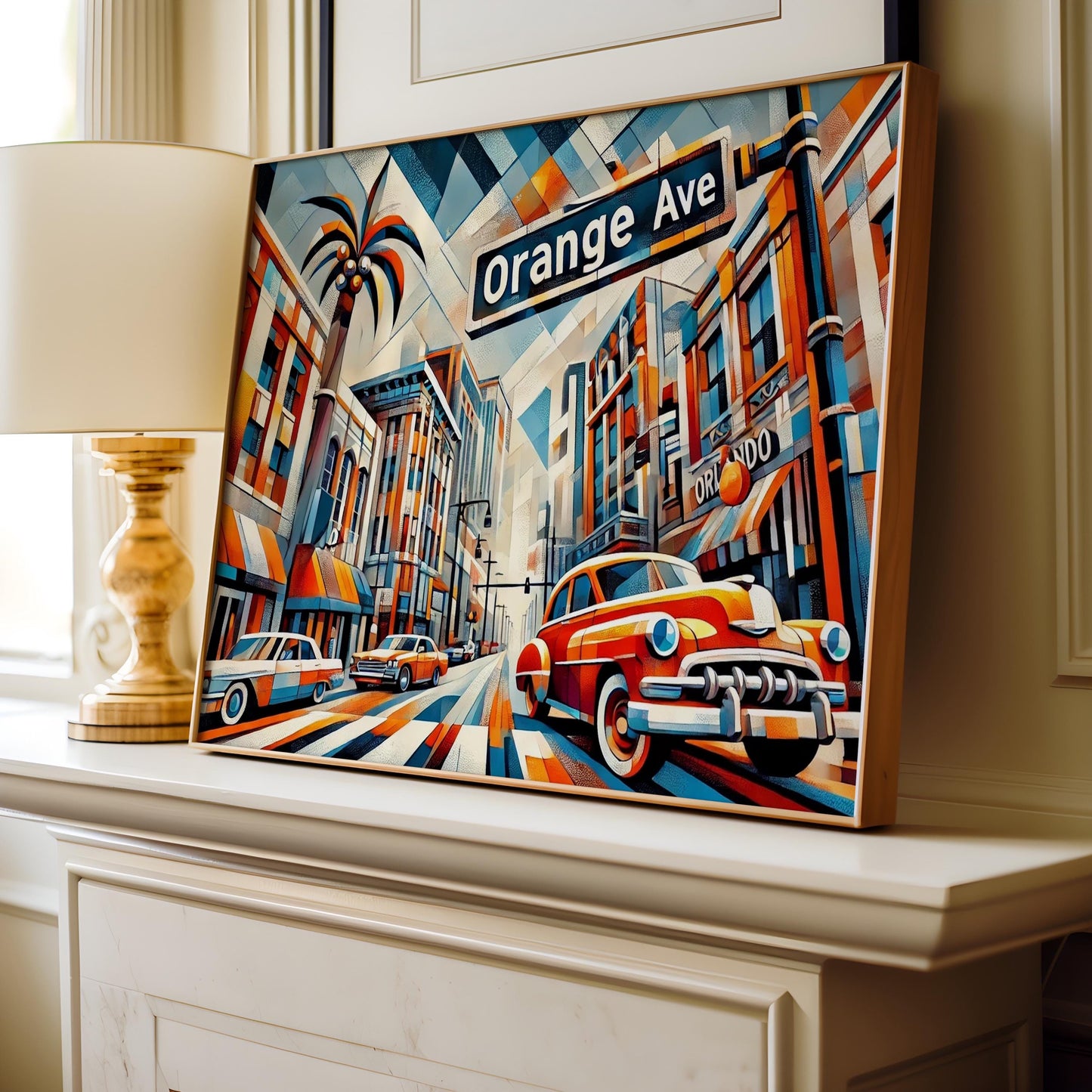 Orlando Art Orange Ave Wall Art - Cubism Print, Florida Travel Poster, Housewarming Gift, Modern Orange Decor