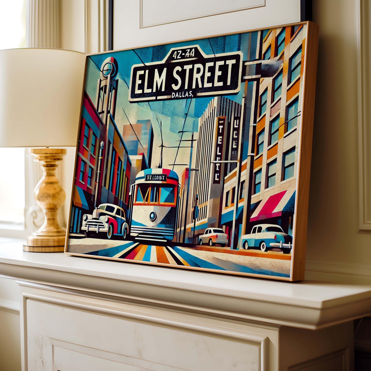 Elm Street Wall Art Cubism Print - Dallas Texas Travel Poster, Modern Housewarming Gift, Unique Dallas Cubism Art Decor