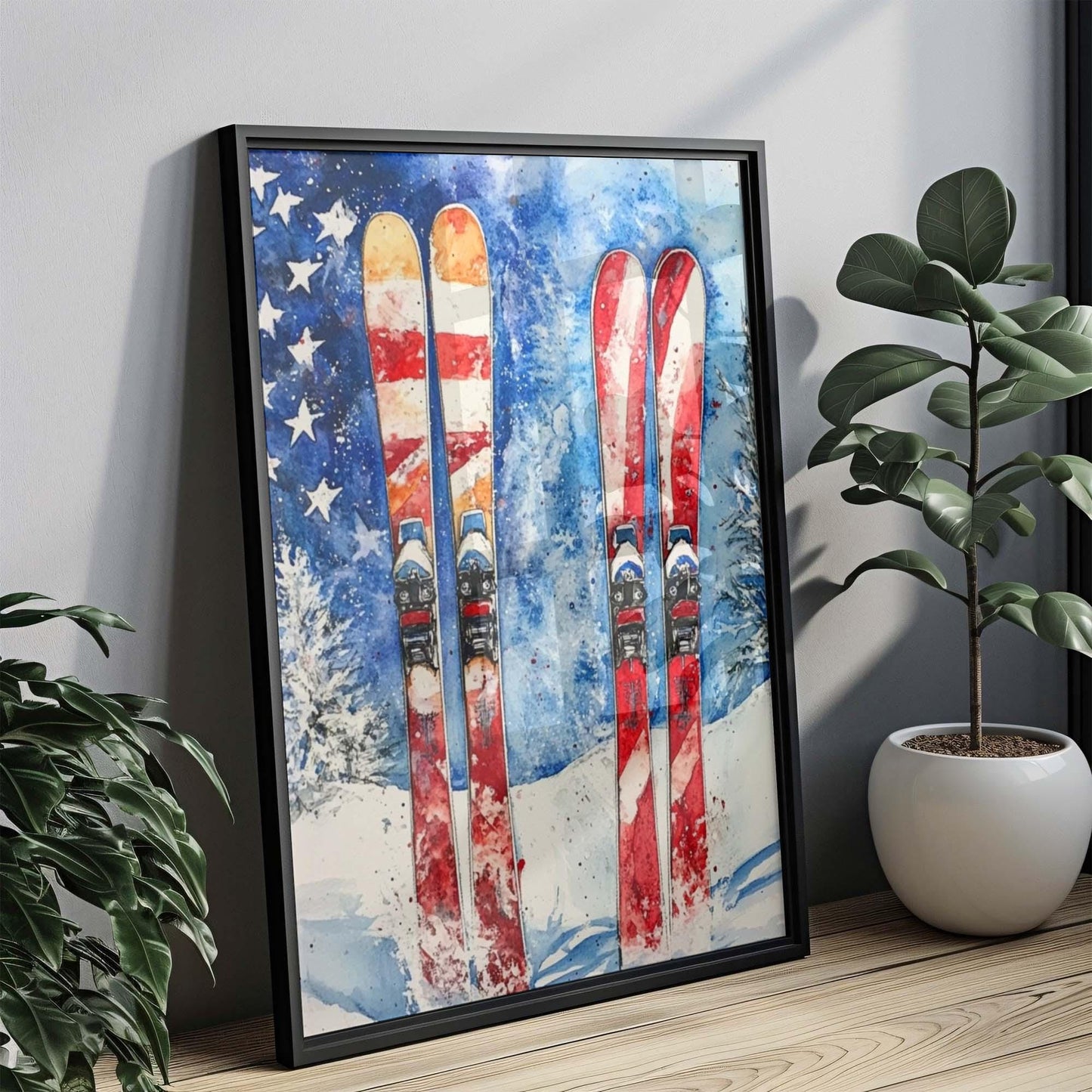 Skiing Artwork USA Poster | Patriotic Wall Art for Home Decor | American Independence Winter Wall Decor United States Print