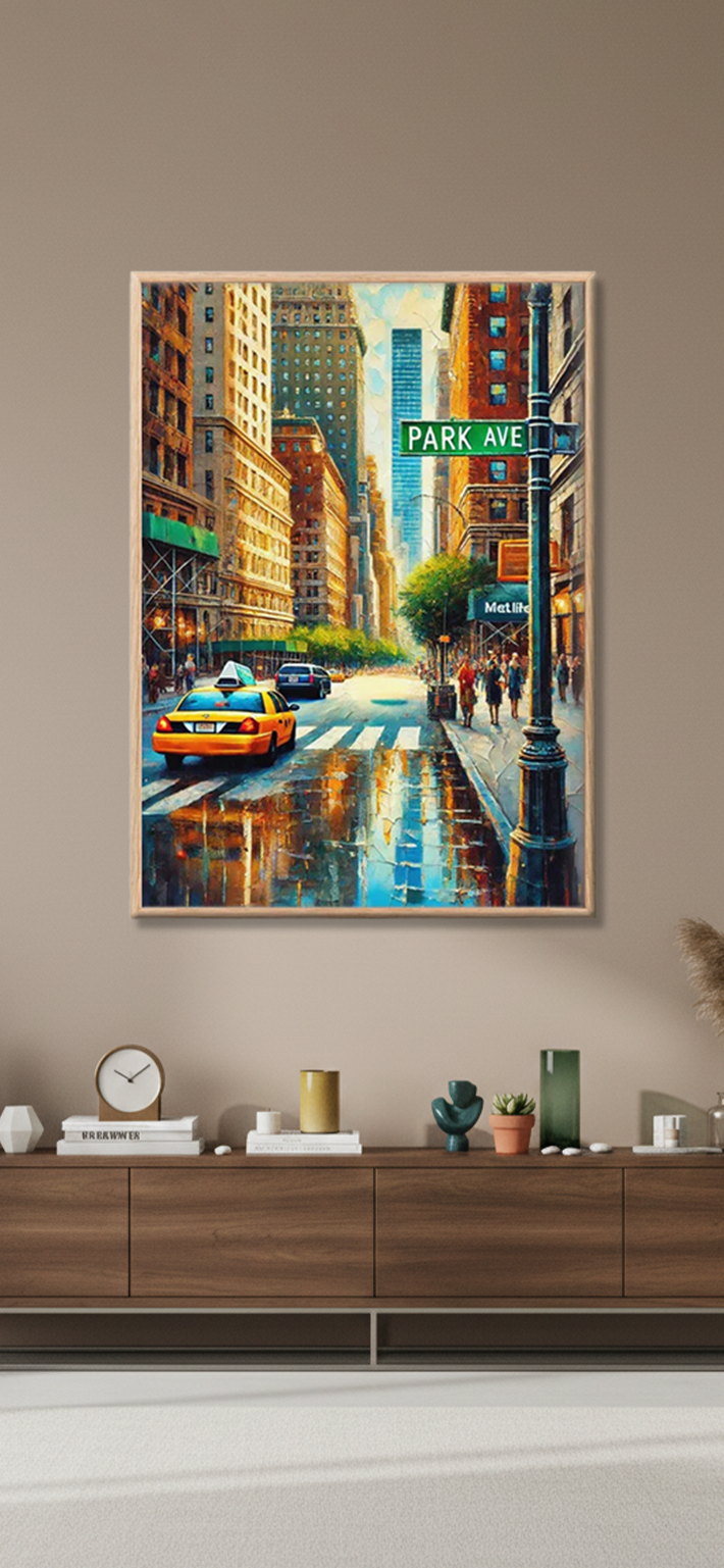 A framed painting of a rainy city street with yellow taxis and tall buildings hangs on a beige wall above a modern wooden console with decorative items.