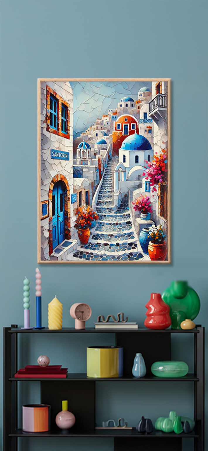 Colorful wall art of Santorini village with white stone houses, blue domes, and flowers hangs on a teal wall above a shelf with candles, vases, and decorative objects.
