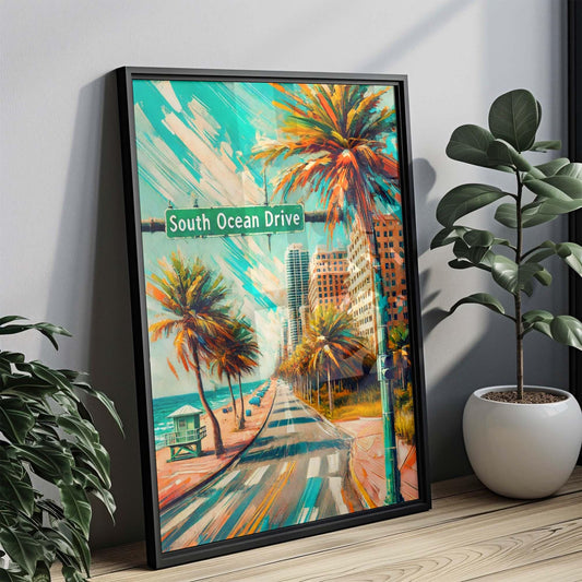 South Ocean Drive Wall Art Print, Fort Lauderdale Florida Travel Poster, Coastal Home Decor, Beach Housewarming Gift, FL Ocean Print
