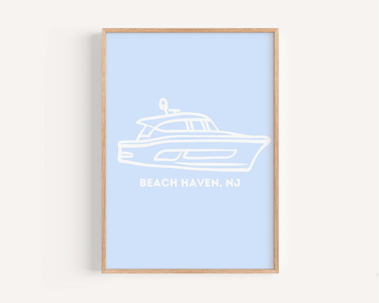 Beach Haven Art Print, Nautical Coastal Wall Decor, Ocean-Inspired Seaside Artwork, Boat Silhouette, Beach House, Minimalist Home Office Art