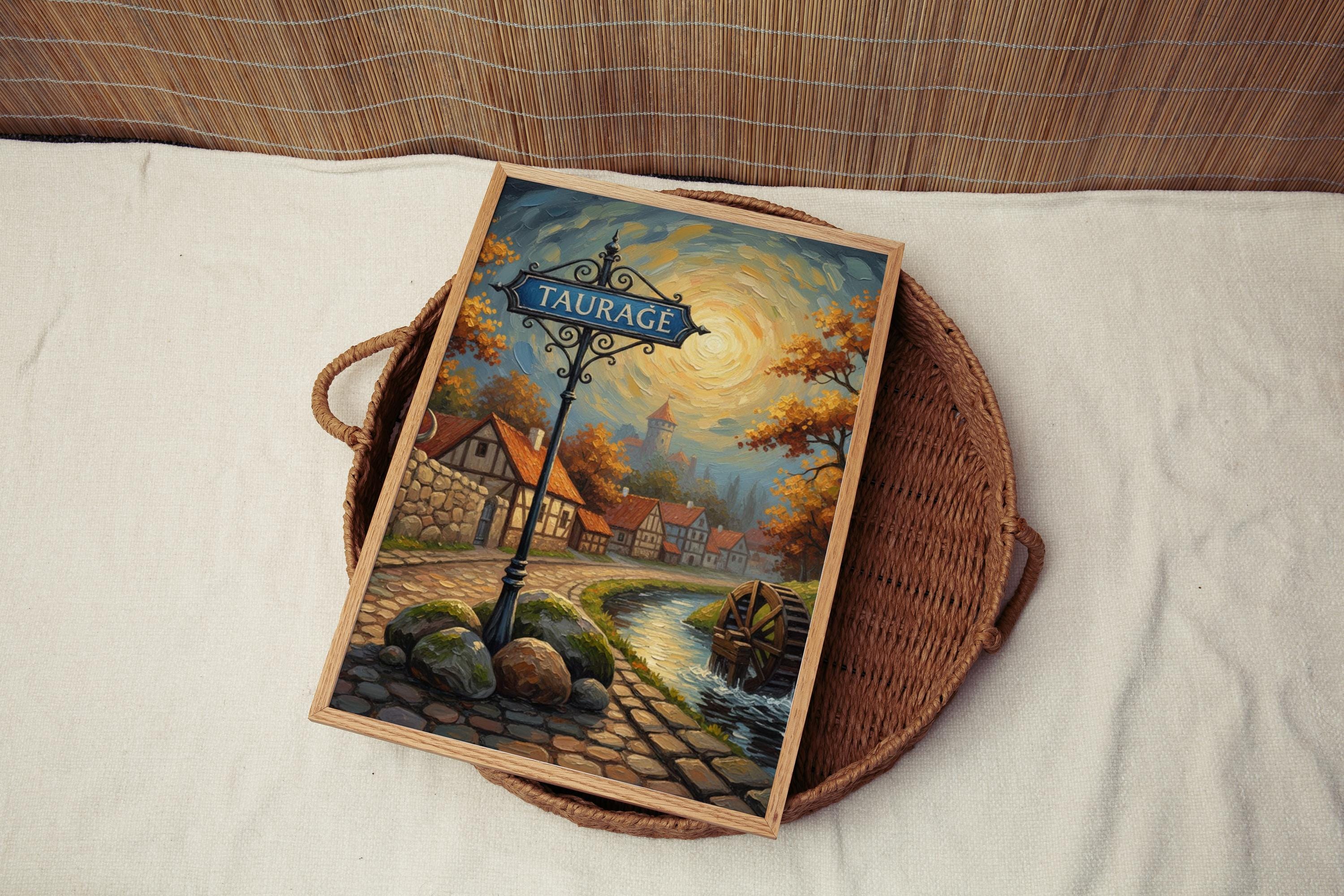 Tauragė Street Sign Art Print: Lithuania Riverside Town Travel Poster