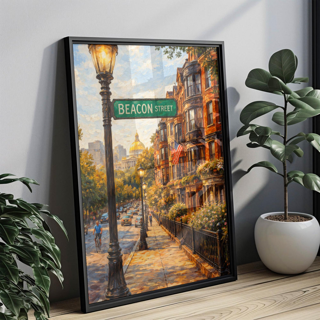 Beacon Street Oil Painting Art Print: Boston Historic Neighborhood Travel Poster