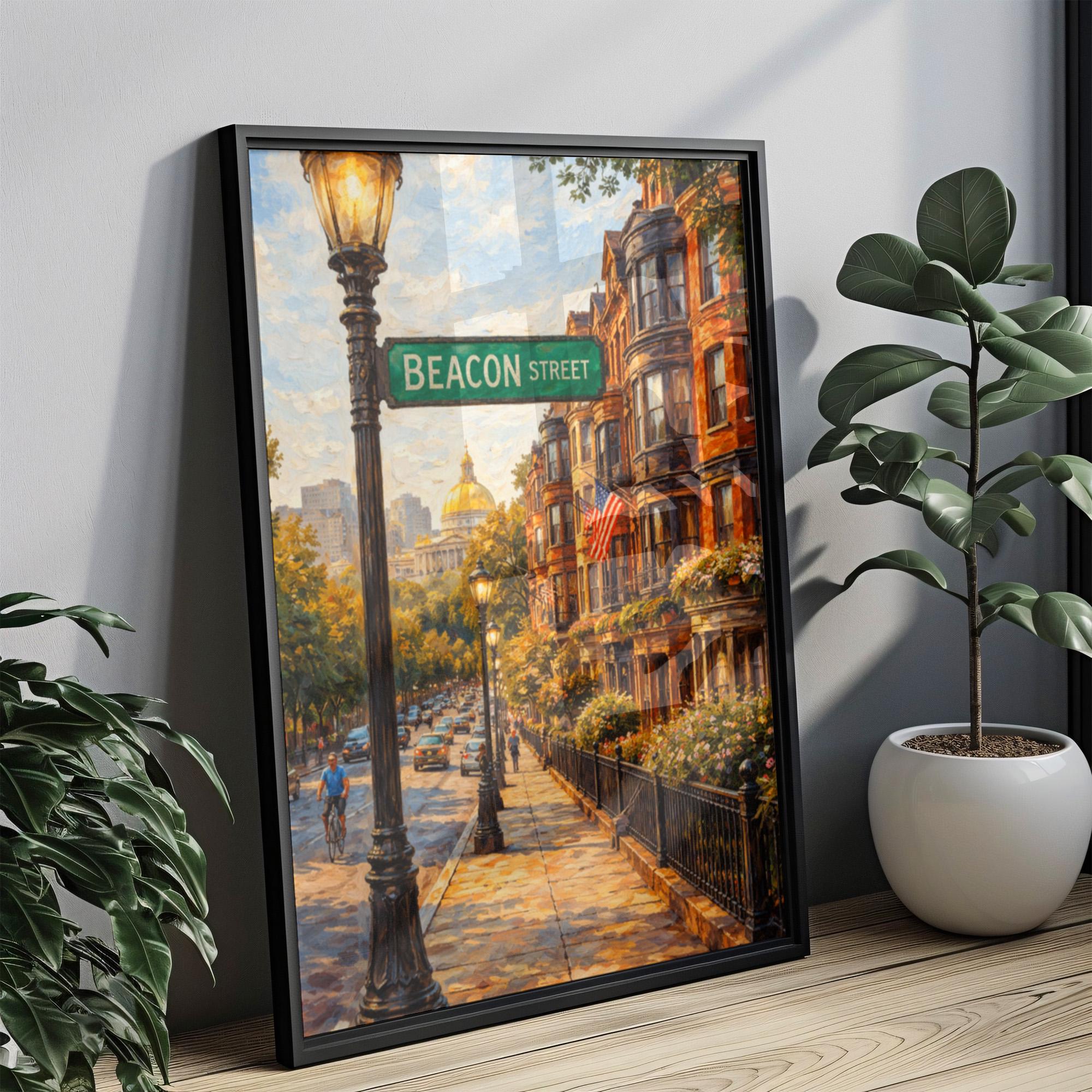 Beacon Street Oil Painting Art Print: Boston Historic Neighborhood Travel Poster