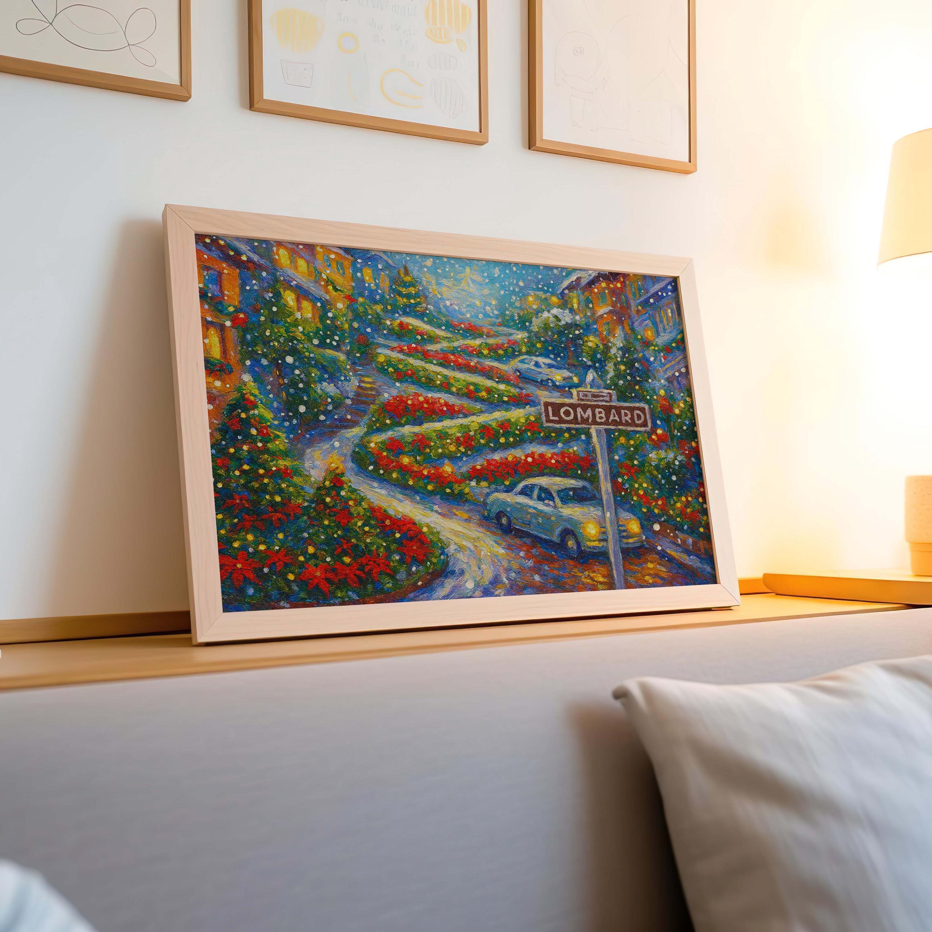 Lombard Street Christmas Art Print – San Francisco Holiday Decor, Curvy Street in Winter