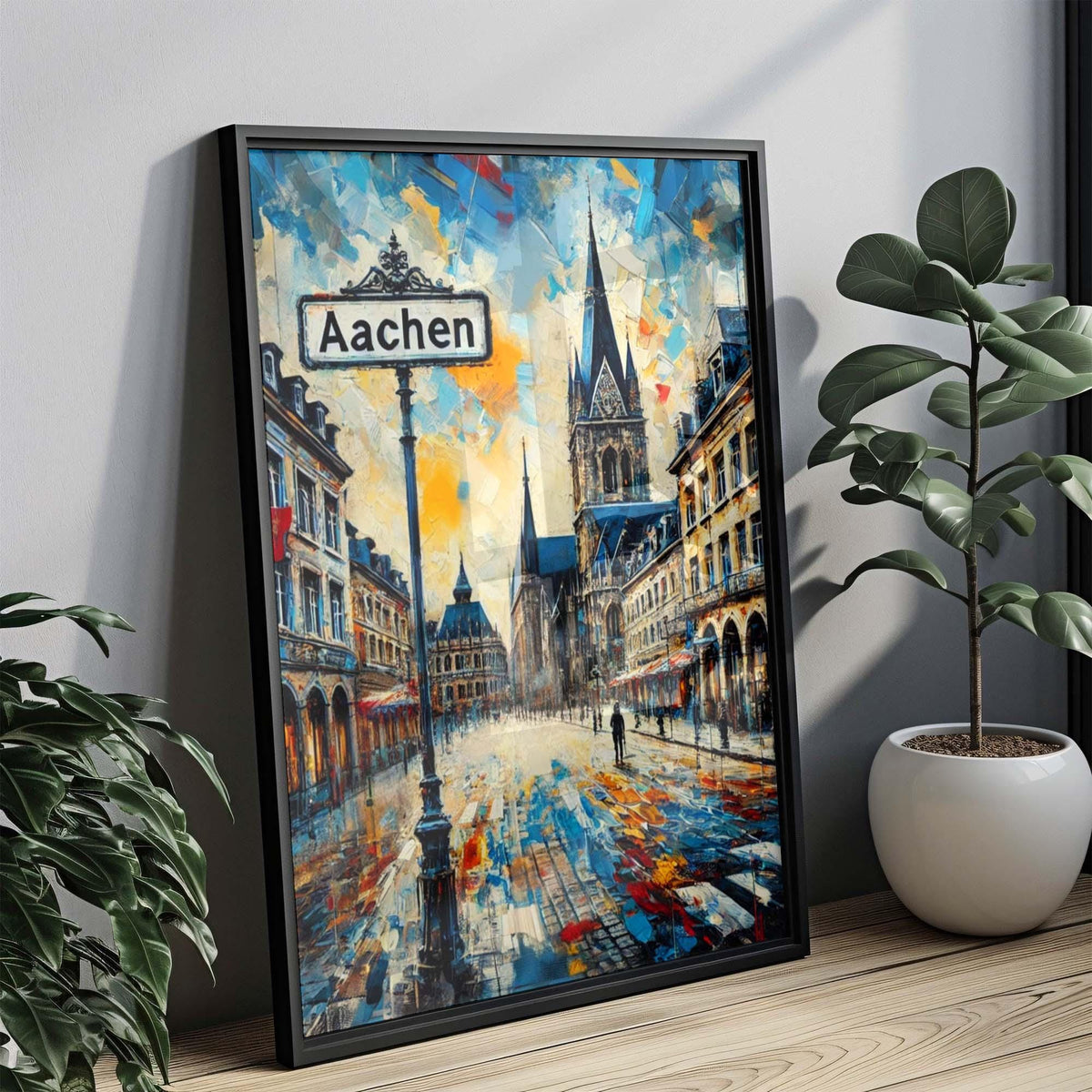 The Aachen Art Print showcases vibrant European architecture with a Germany street sign, perfect for travel-themed home d√©cor. This city wall art makes an ideal housewarming gift and adds color to any space with its lively scene.