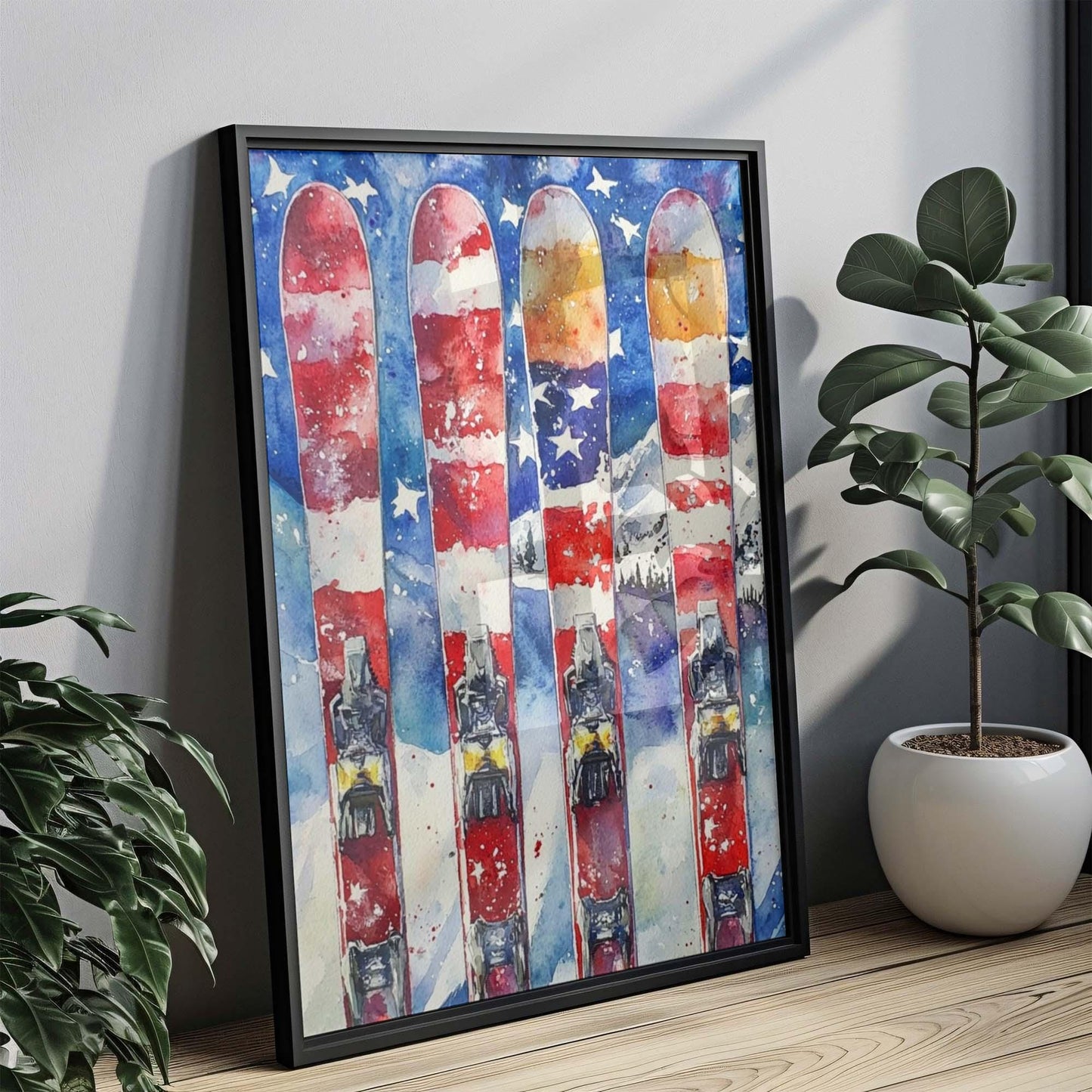 USA Skiing Wall Art Poster - Patriotic Winter Home Decor, American Independence & United States Flag Artwork