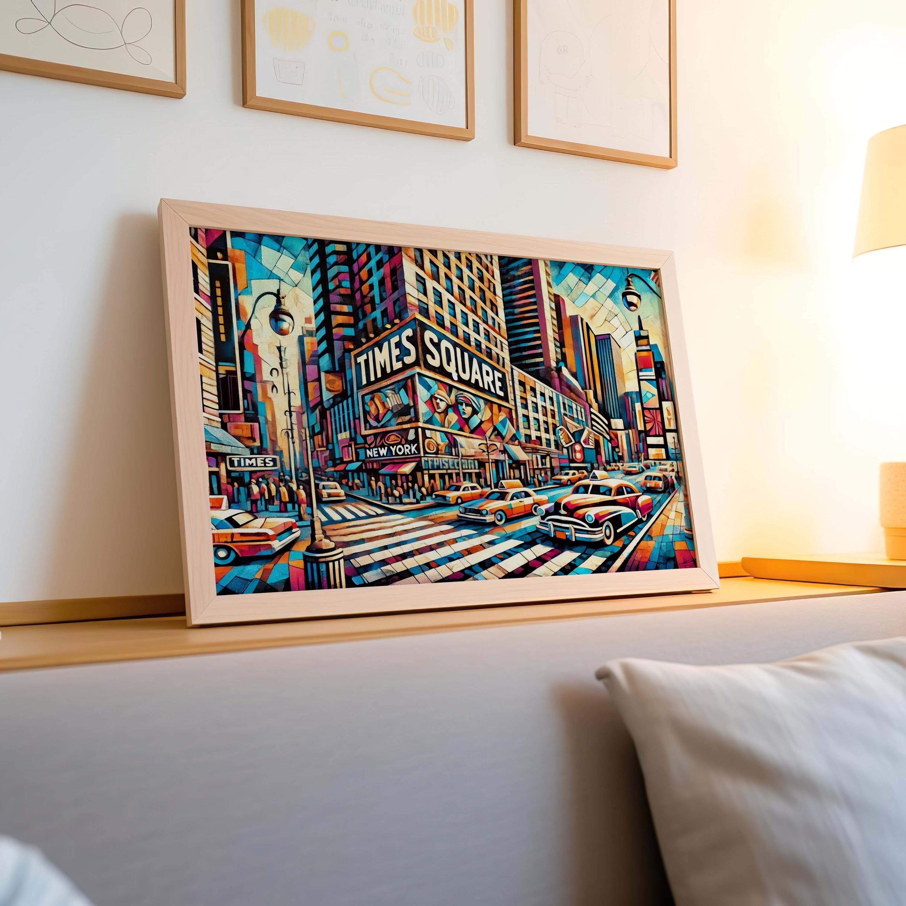 Times Square Wall Art Cubism Print - Manhattan NYC Travel Poster, Modern Urban Decor, Unique Housewarming Gift, Vibrant Cityscape Artwork