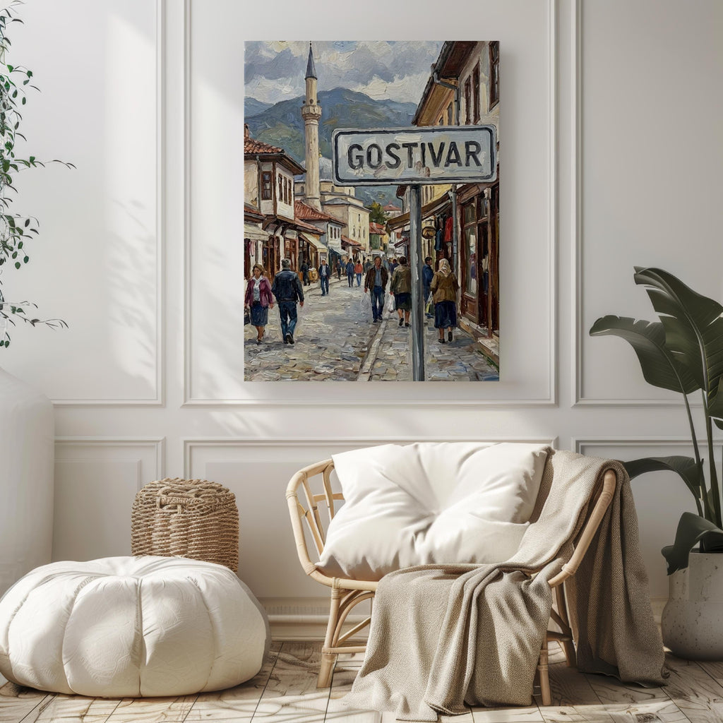 Gostivar Oil Painting Art Print: North Macedonia Street Sign Travel Poster