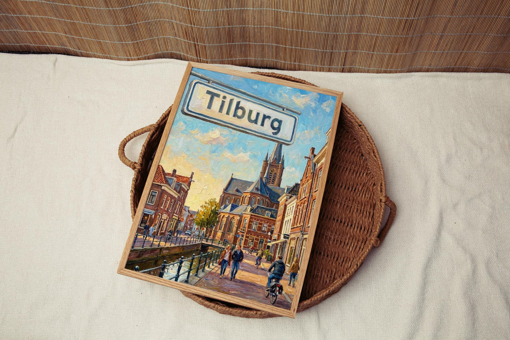 Tilburg Oil Painting Art Print: Netherlands Canal Street Sign Travel Poster