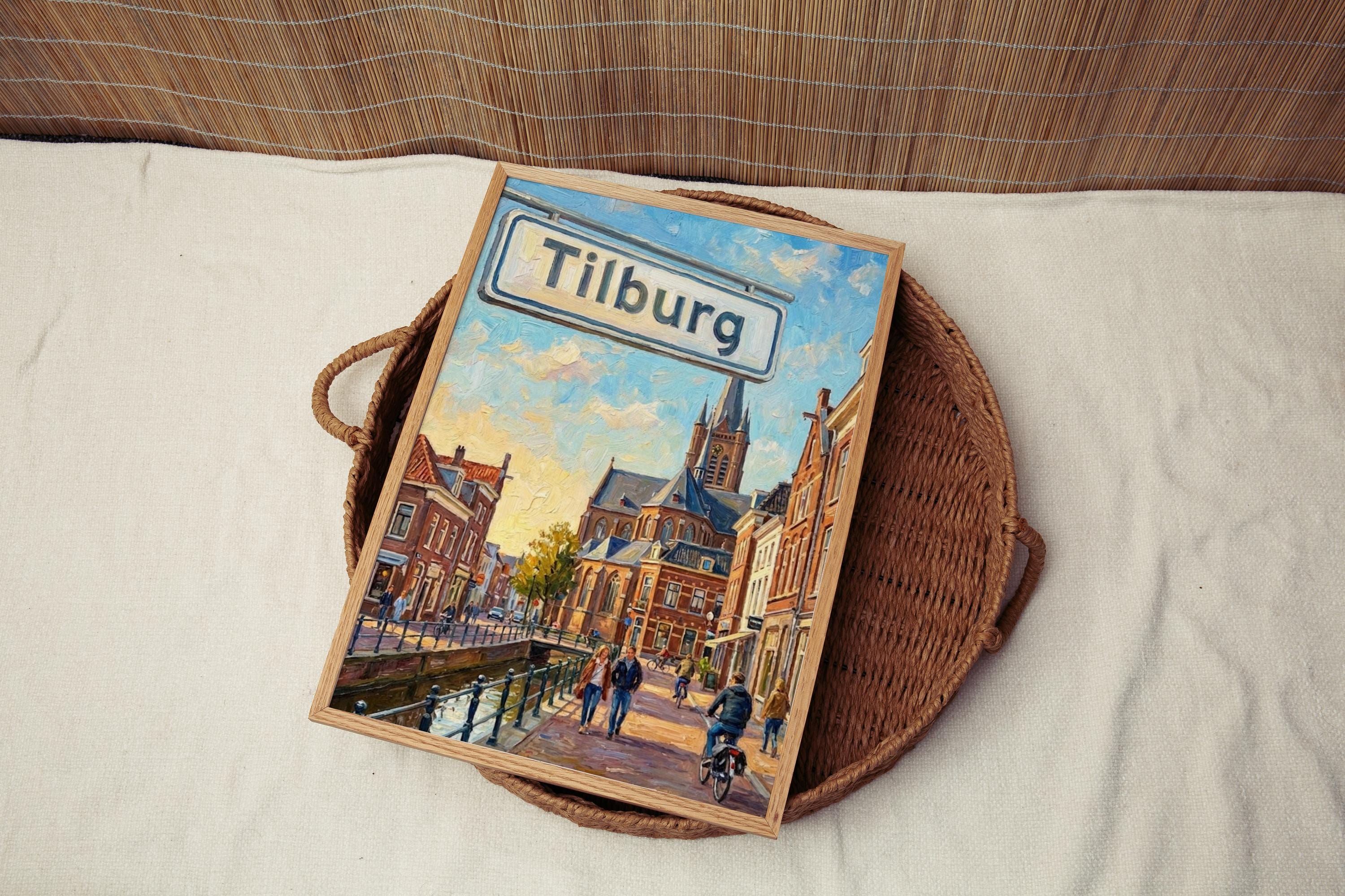 Tilburg Oil Painting Art Print: Netherlands Canal Street Sign Travel Poster