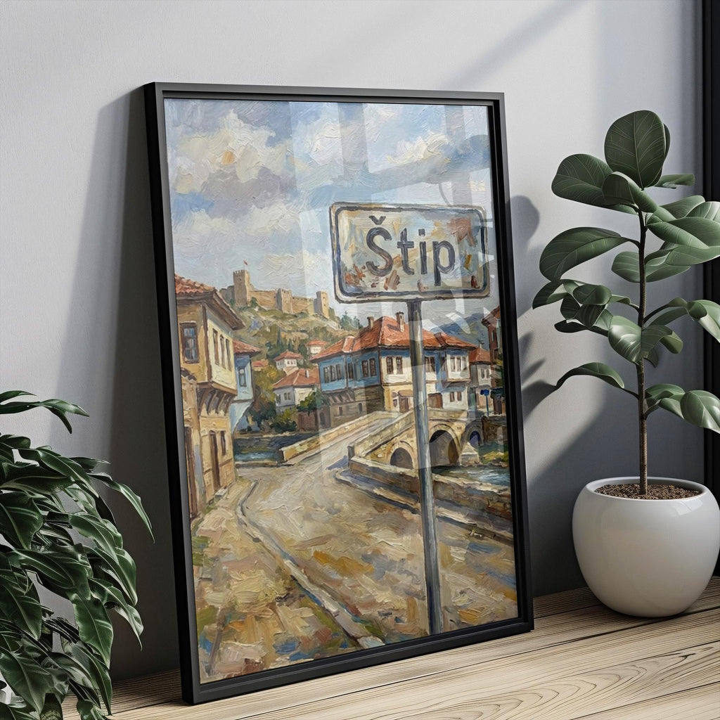 Stip Oil Painting Art Print: North Macedonia Street Sign Travel Poster