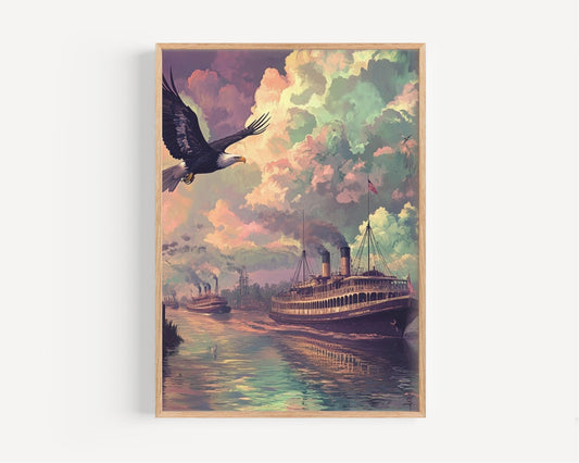 Vintage Boat Wall Art | Abstract USA Patriotic Poster for Home Decor | American Independence Artwork | United States Flag Inspired Print