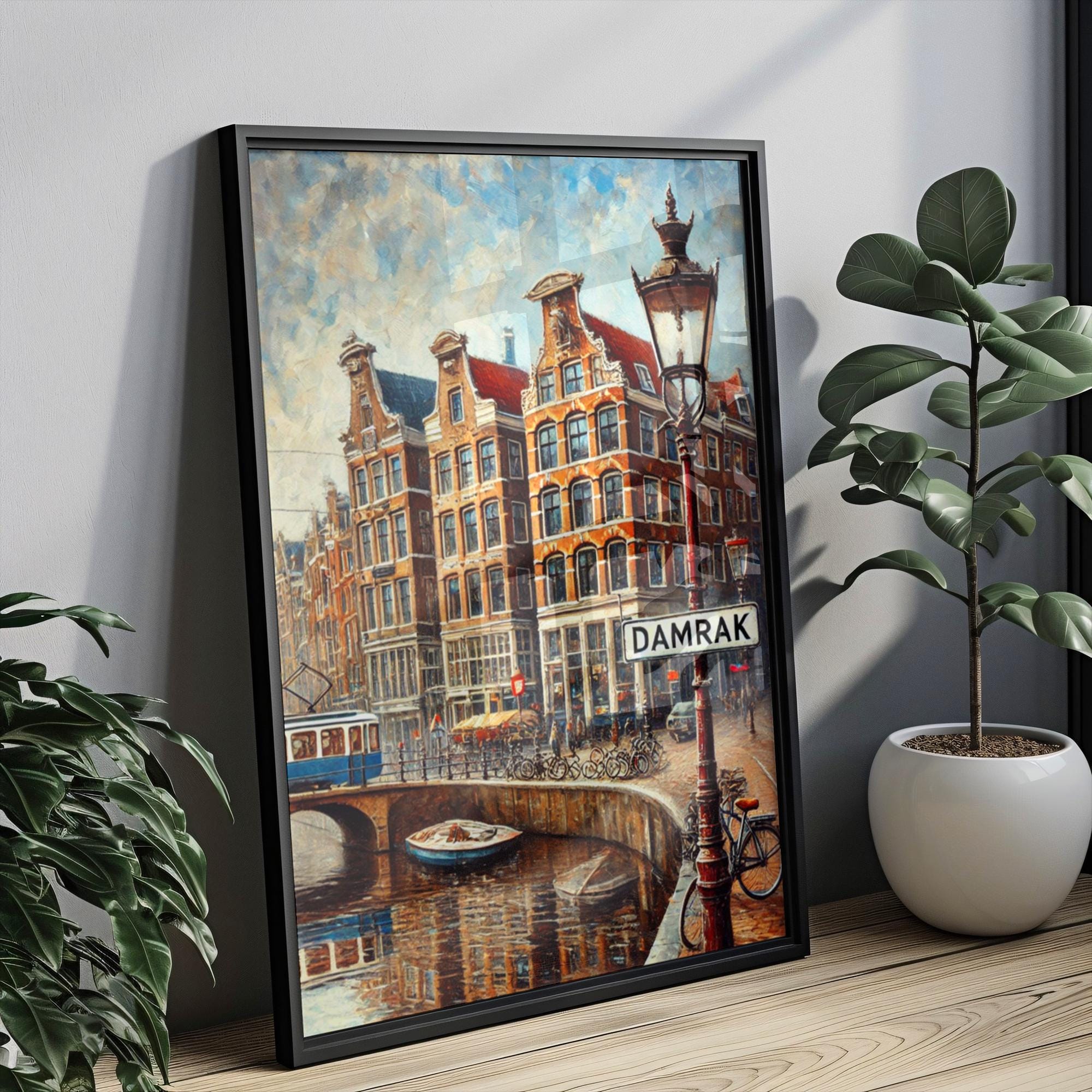 Damrak Oil Painting Art Print: Amsterdam Netherlands Street Sign Travel Poster
