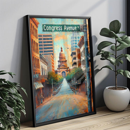 Austin Congress Ave Wall Art Print - Travel Poster Texas Decor, Austin Gift, Housewarming & Souvenir Travel Art