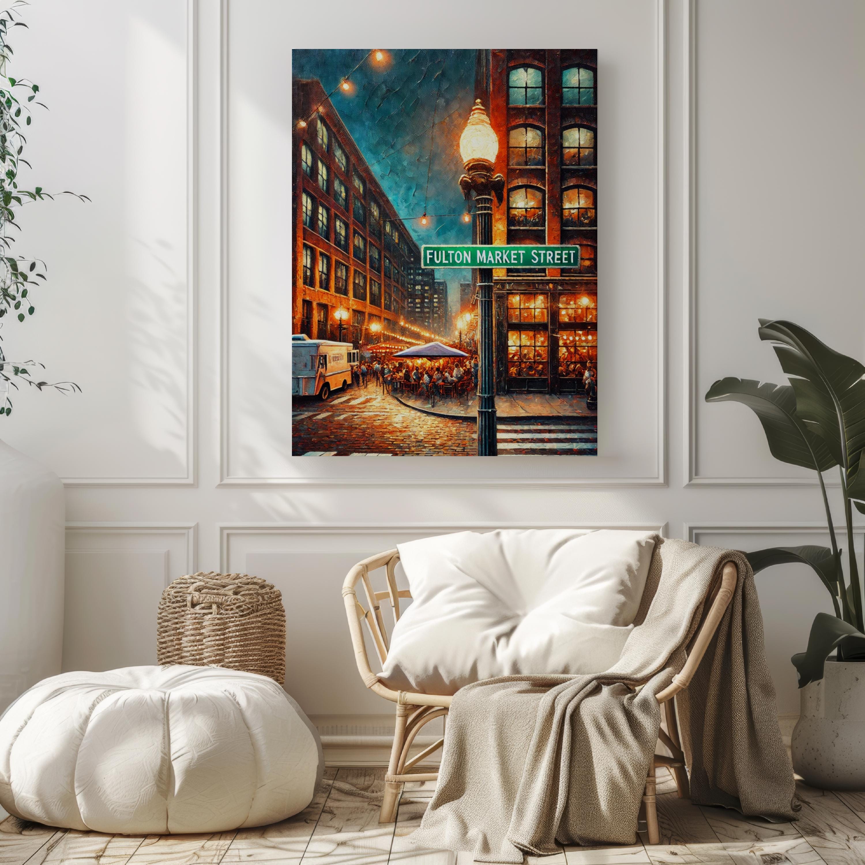 Fulton Market Street Oil Painting Art Print: Chicago Street Sign Travel Poster