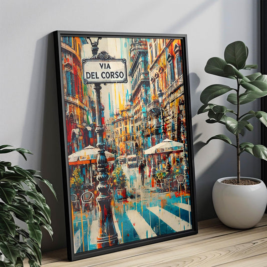 Via del Corso Wall Art Print - Rome Travel Poster, Italy Gift, Italian Home Decor, Vintage Style Housewarming & Travel Print