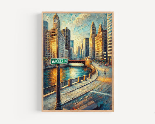 Chicago Wacker Drive Wall Art, Travel Print & Poster, Illinois Artwork, Housewarming Gift, Chicago City Decor, Travel Home Gift