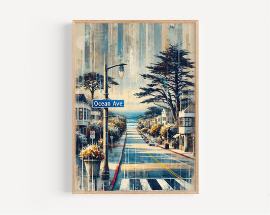 California Ocean Ave Wall Art - Coastal Travel Print & Beach Housewarming Decor, California Gift, Coastal Wall Poster, Seaside Artwork