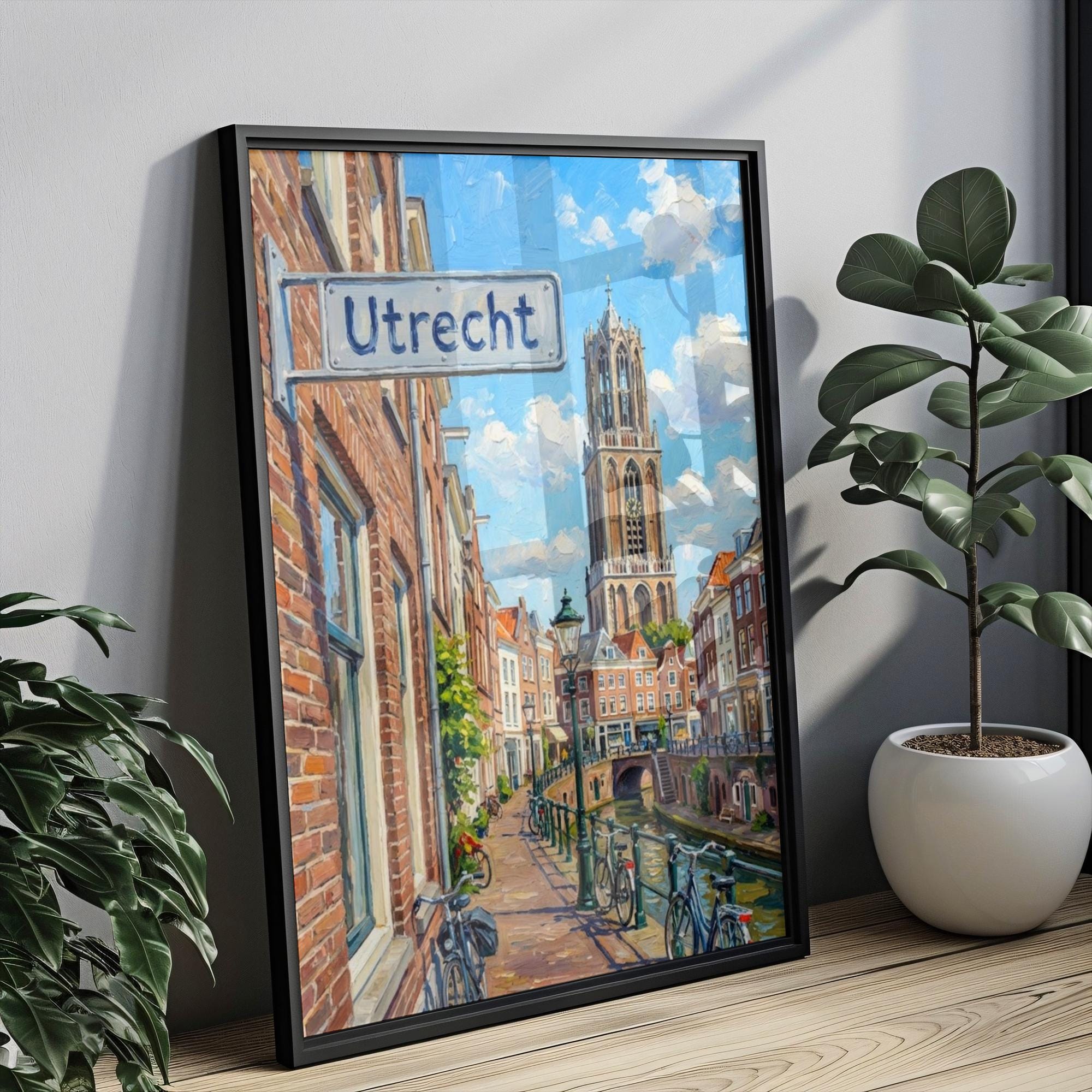 Utrecht Oil Painting Art Print: Netherlands Canal Street Sign Travel Poster