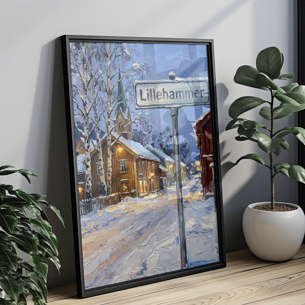 Lillehammer Oil Painting Art Print: Norway Winter Street Sign Travel Poster