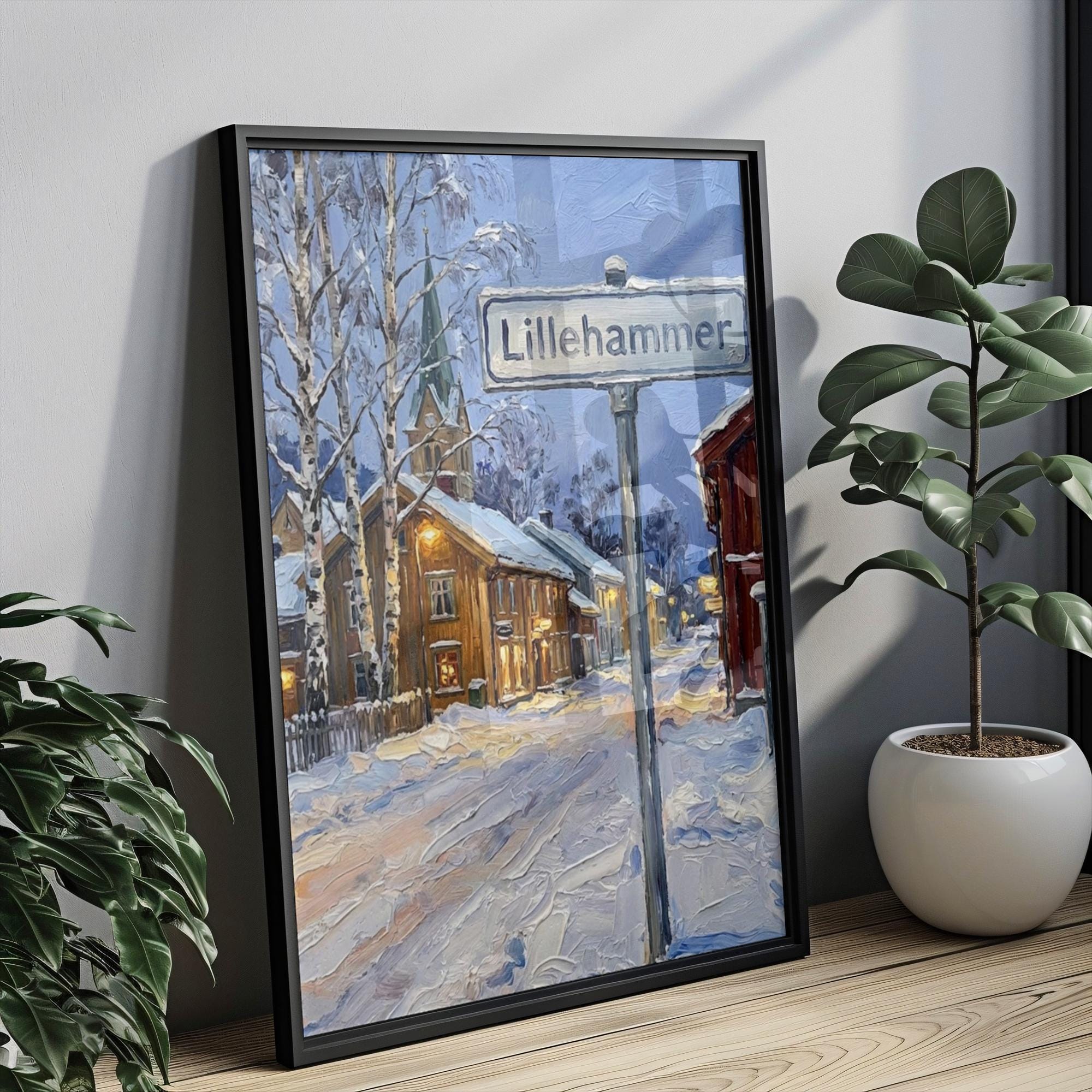Lillehammer Oil Painting Art Print: Norway Winter Street Sign Travel Poster