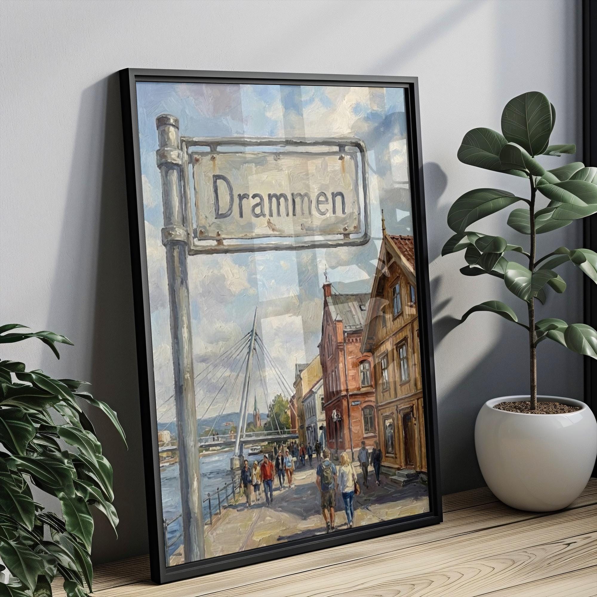 Drammen Oil Painting Art Print: Norway Riverside Street Sign Travel Poster