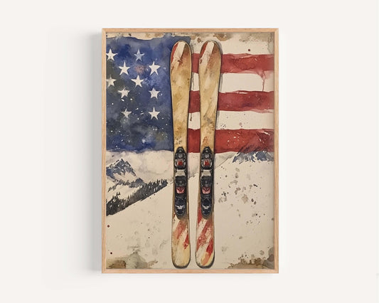 Skiing Artwork USA Wall Art Patriotic American Independence Poster Winter Home Decor United States Gift