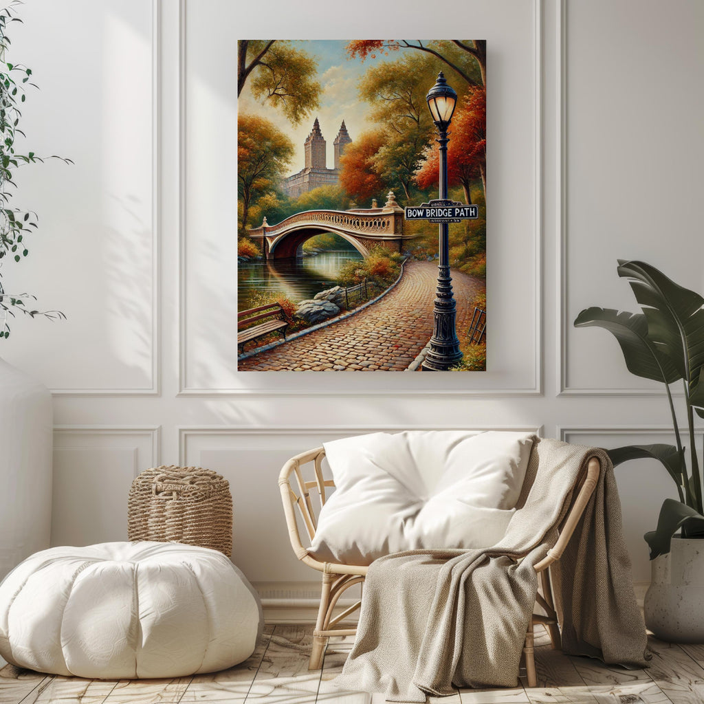 Bow Bridge Path Oil Painting Art Print: Central Park NYC Travel Poster