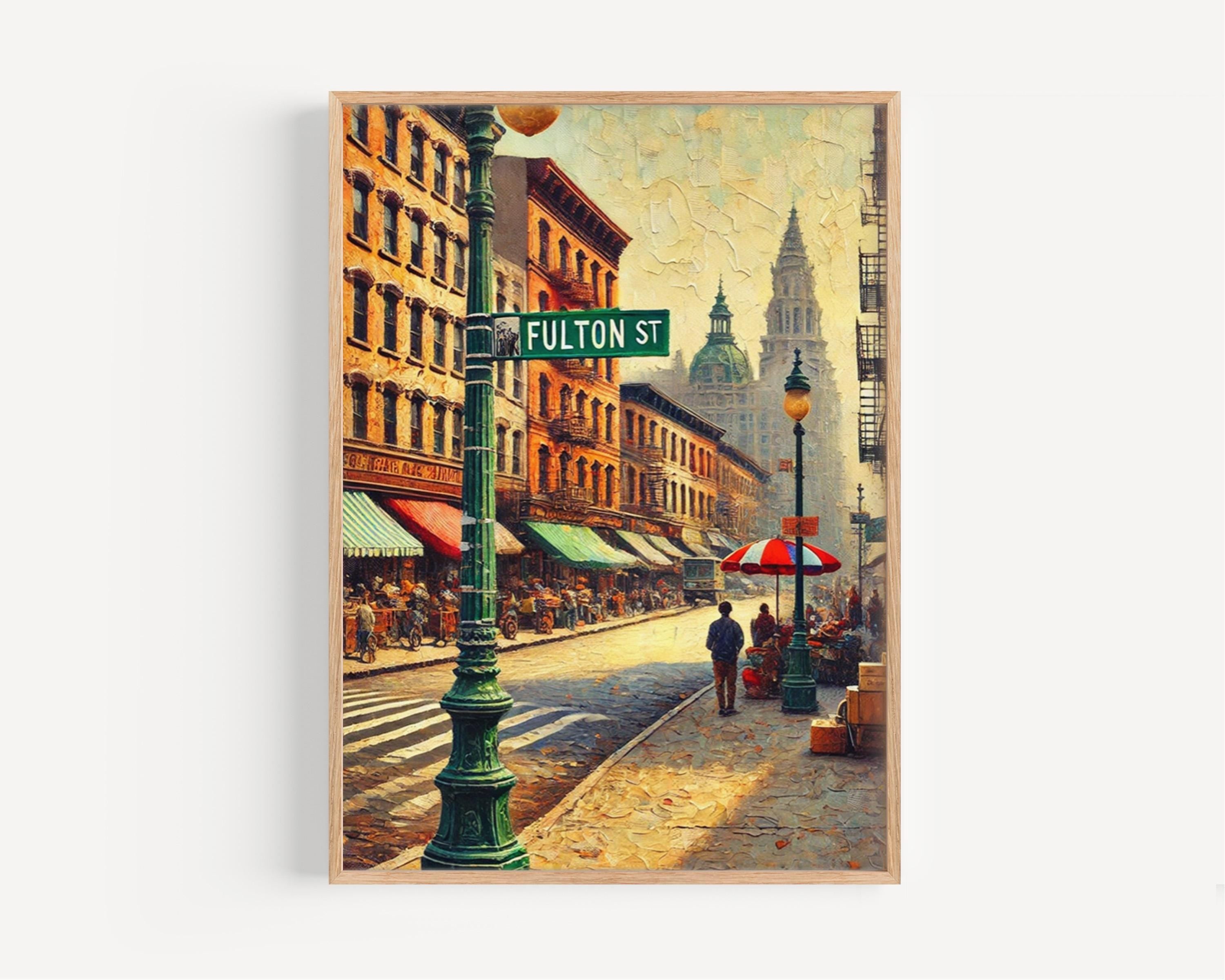 Fulton Street Oil Painting Art Print: Lower Manhattan NYC Travel Poster