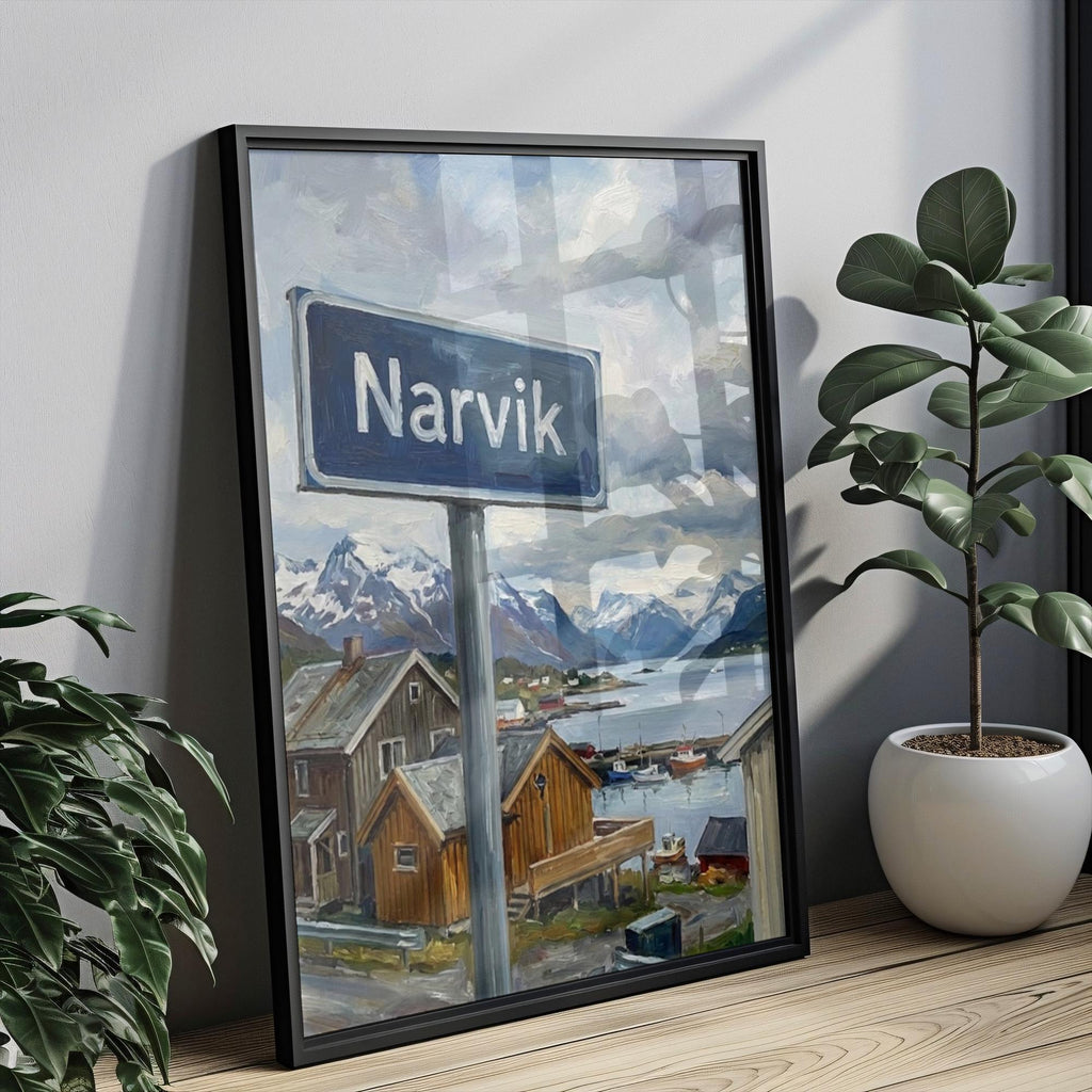 Narvik Oil Painting Art Print: Norway Arctic Fjord Street Sign Travel Poster