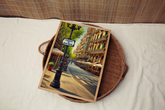 Barcelona Carrer de Balmes Wall Art Print - Travel Poster & Spain Gift - Rustic Housewarming Decor, Barcelona Cityscape Illustration