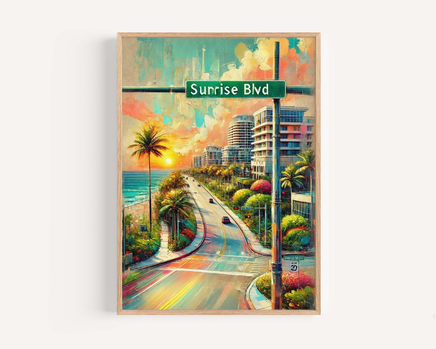 Sunrise Boulevard Wall Art Print - Fort Laudy Florida Travel Poster, Coastal Home Decor, Housewarming Gift, Beach Sunset Illustration