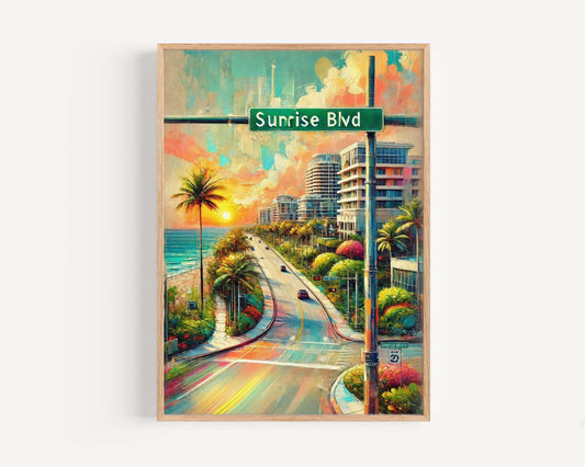 Sunrise Boulevard Wall Art Print - Fort Laudy Florida Travel Poster, Coastal Home Decor, Housewarming Gift, Beach Sunset Illustration