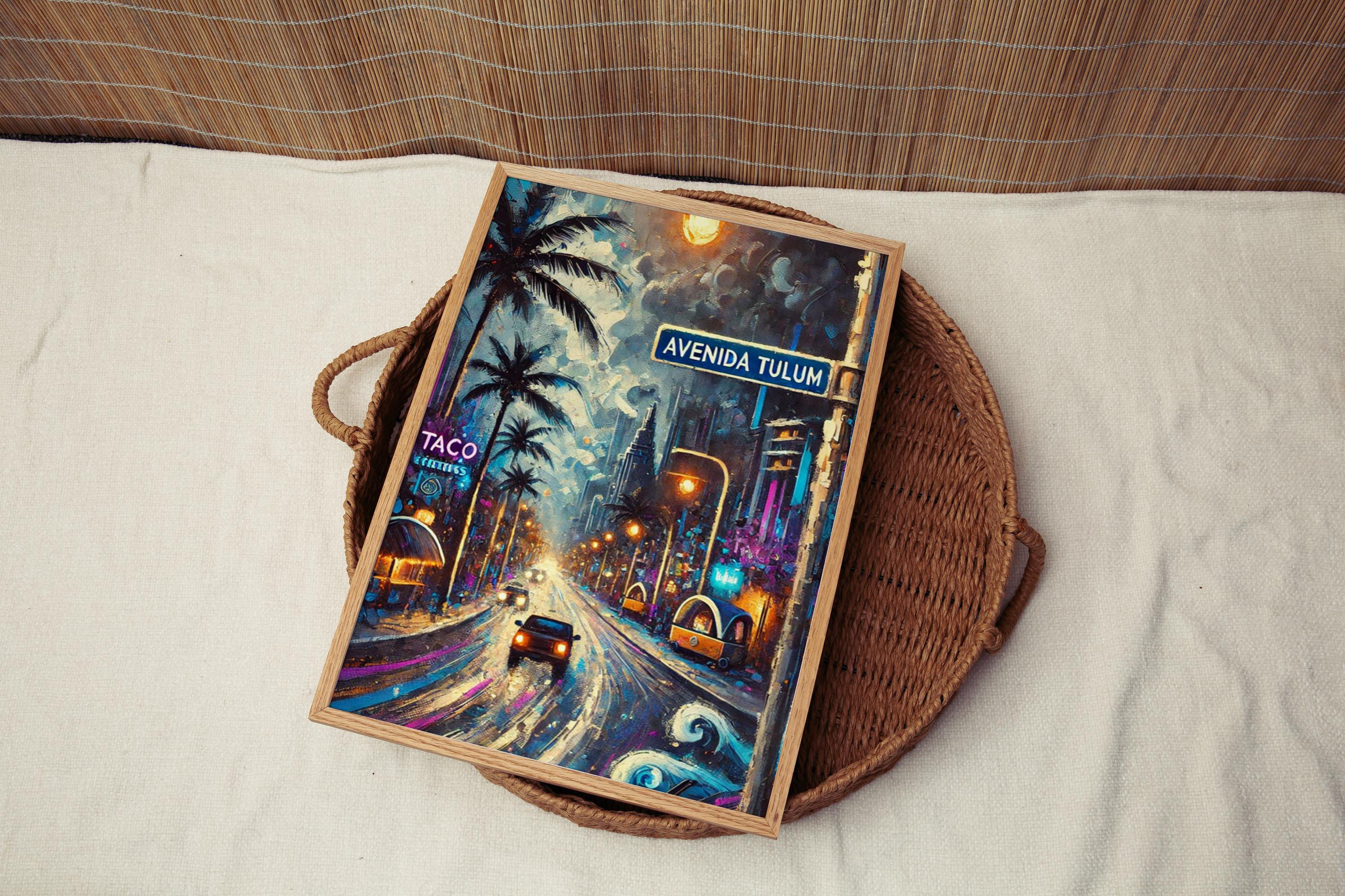 Avenida Tulum Oil Painting Art Print: Cancún Mexico Street Sign Travel Poster
