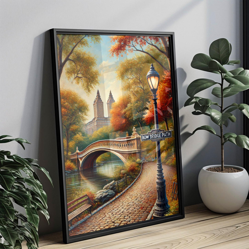 Bow Bridge Path Oil Painting Art Print: Central Park NYC Travel Poster