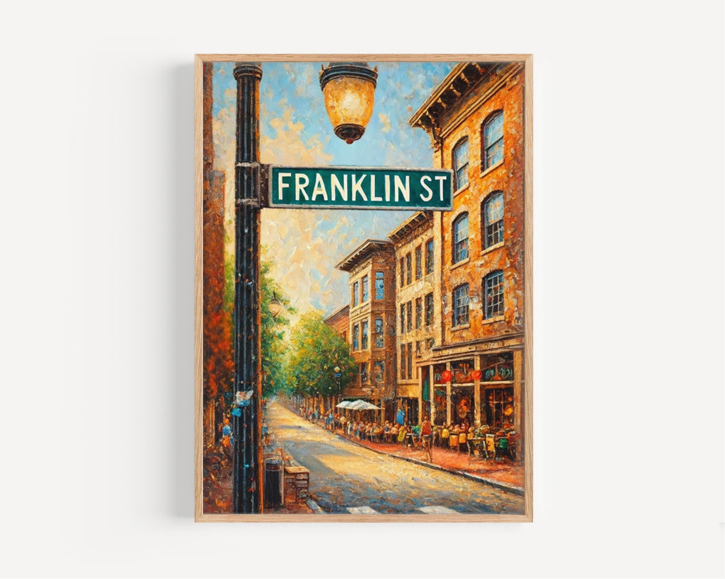 Chapel Hill Franklin St Wall Art Print - North Carolina Travel Poster, Chapel Hill Gift, Modern Home Decor, NC Map Illustration