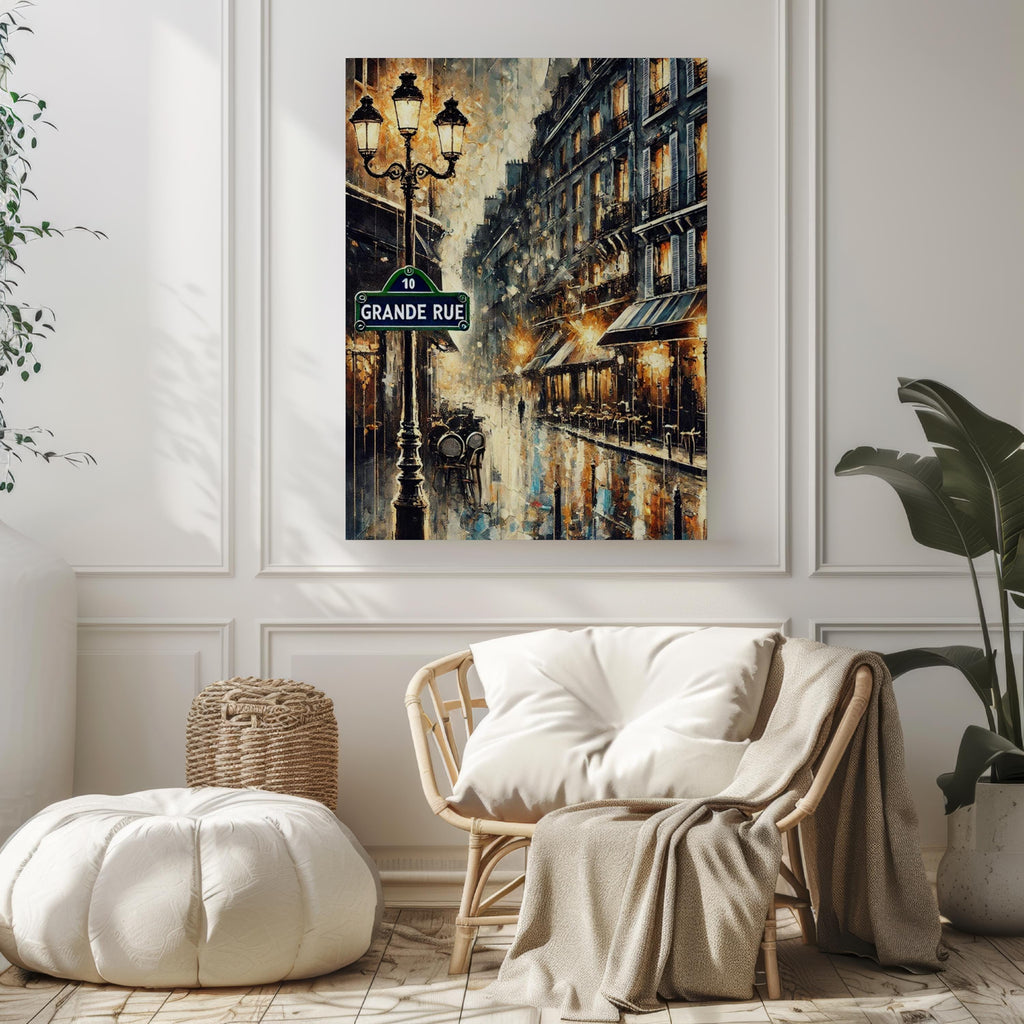 Grand Rue Oil Painting Art Print: Paris France Street Sign Travel Poster