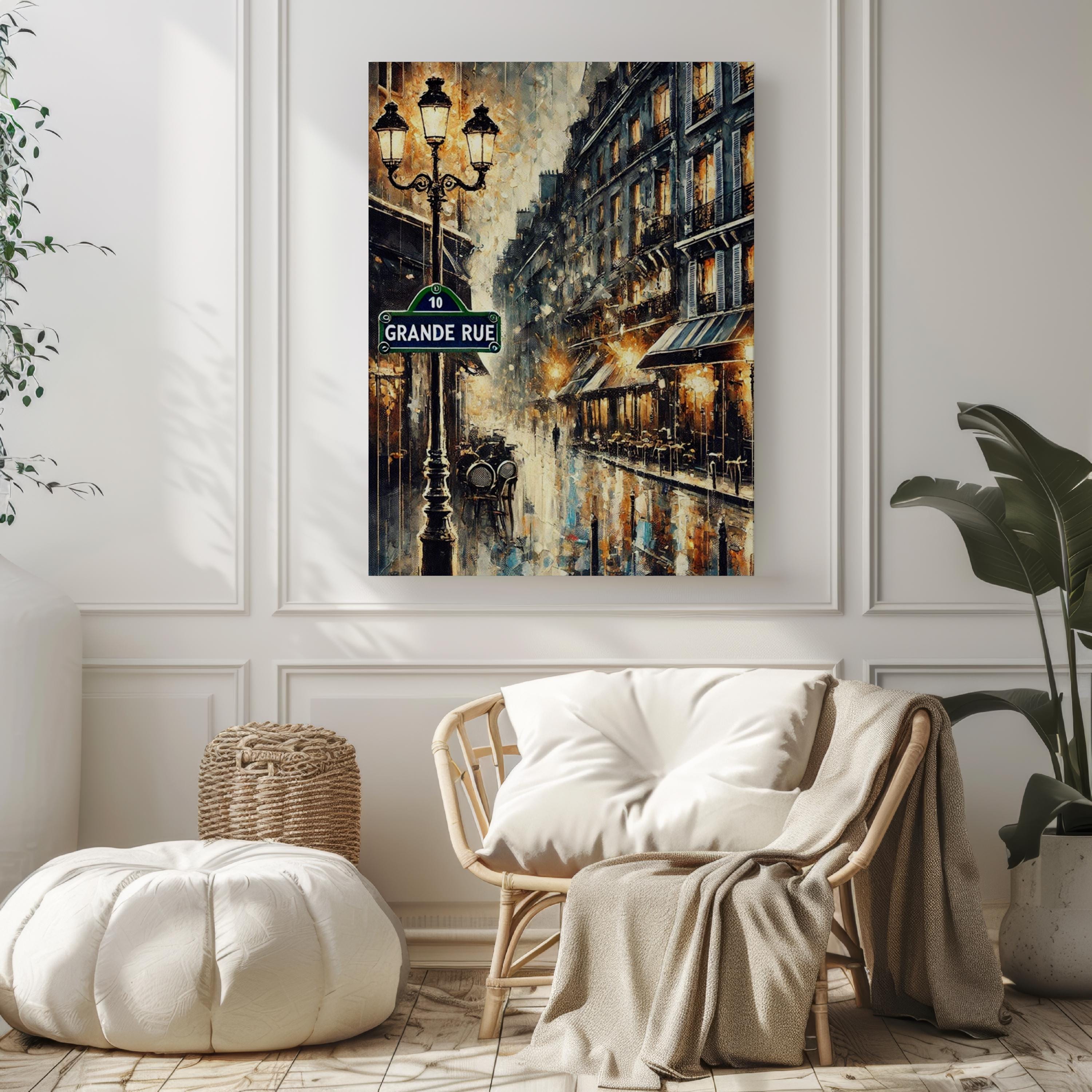 Grand Rue Oil Painting Art Print: Paris France Street Sign Travel Poster