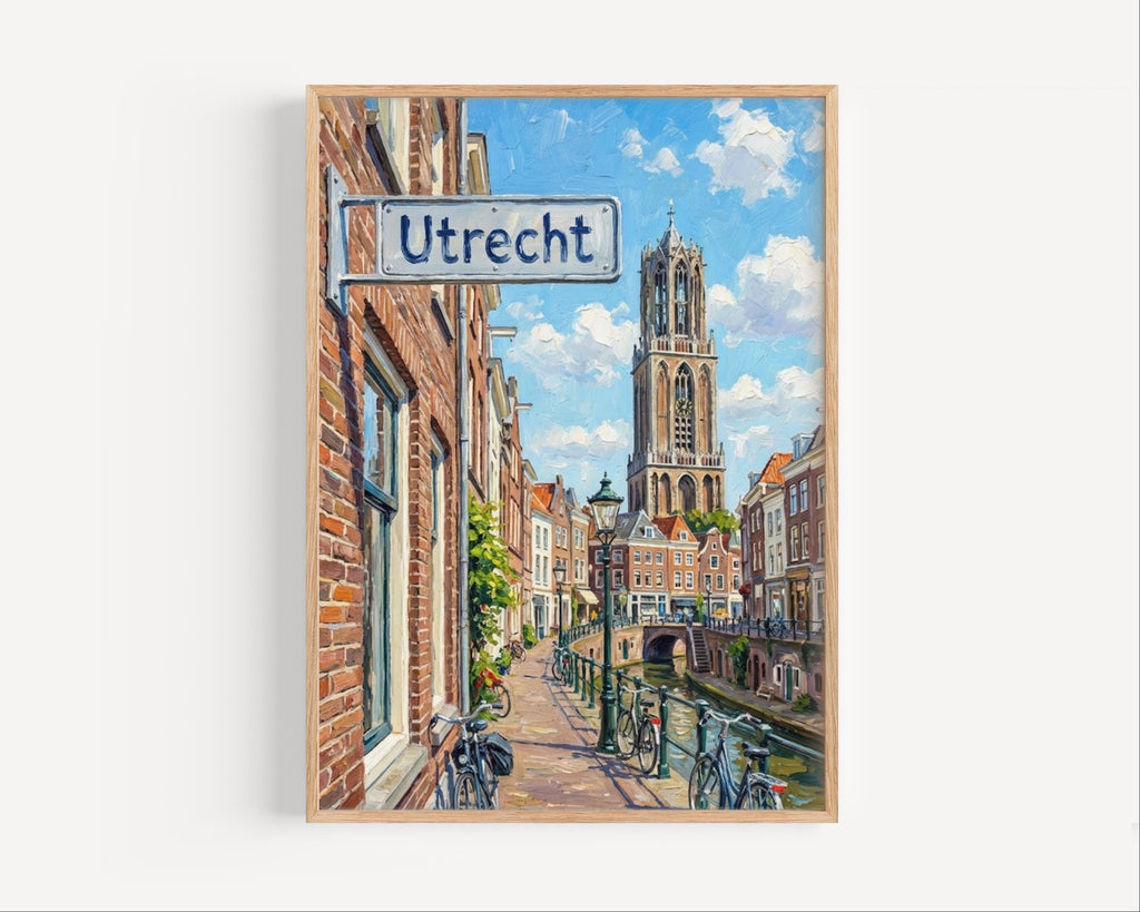 Utrecht Oil Painting Art Print: Netherlands Canal Street Sign Travel Poster