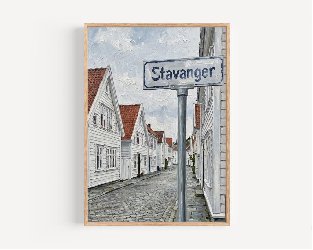 Stavanger Oil Painting Art Print: Norway Coastal Street Sign Travel Poster