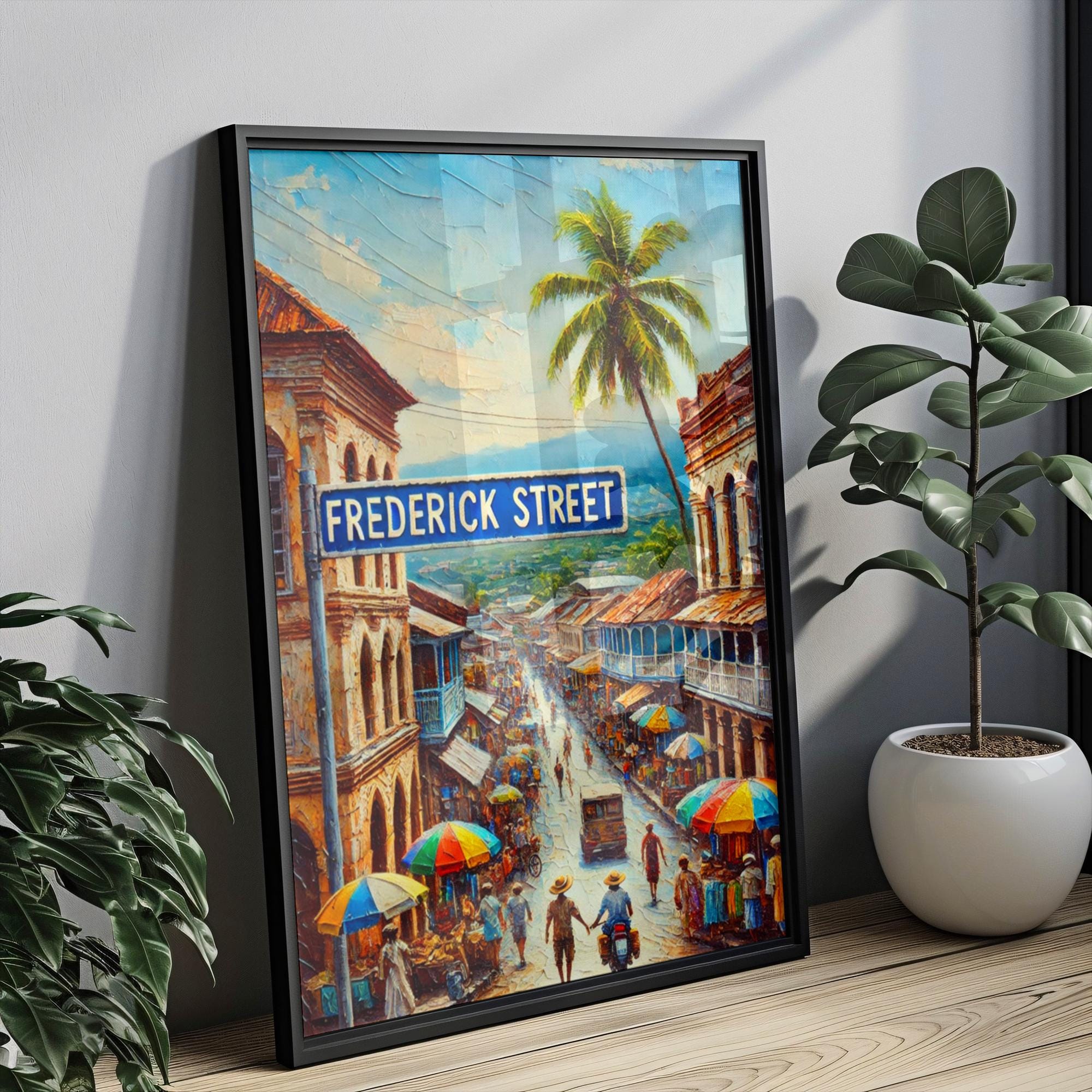Frederick Street Oil Painting Art Print: Port of Spain Trinidad Street Sign Travel Poster