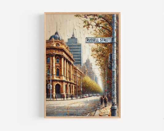 Melbourne Russell St Wall Art Print, Travel Poster Gift, Australian Home Decor, Housewarming & Melbourne Cityscape Artwork