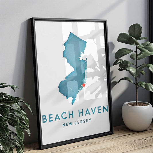 New Jersey Art Beach Haven Print – Coastal Wall Decor, Travel Gift, Jersey Shore Map, Housewarming & College Room Decor